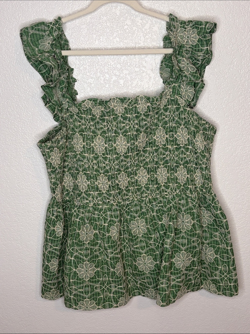 Chic Soul Green & White Floral Embroidered Smocked Babydoll Top Ruffle Size 3X